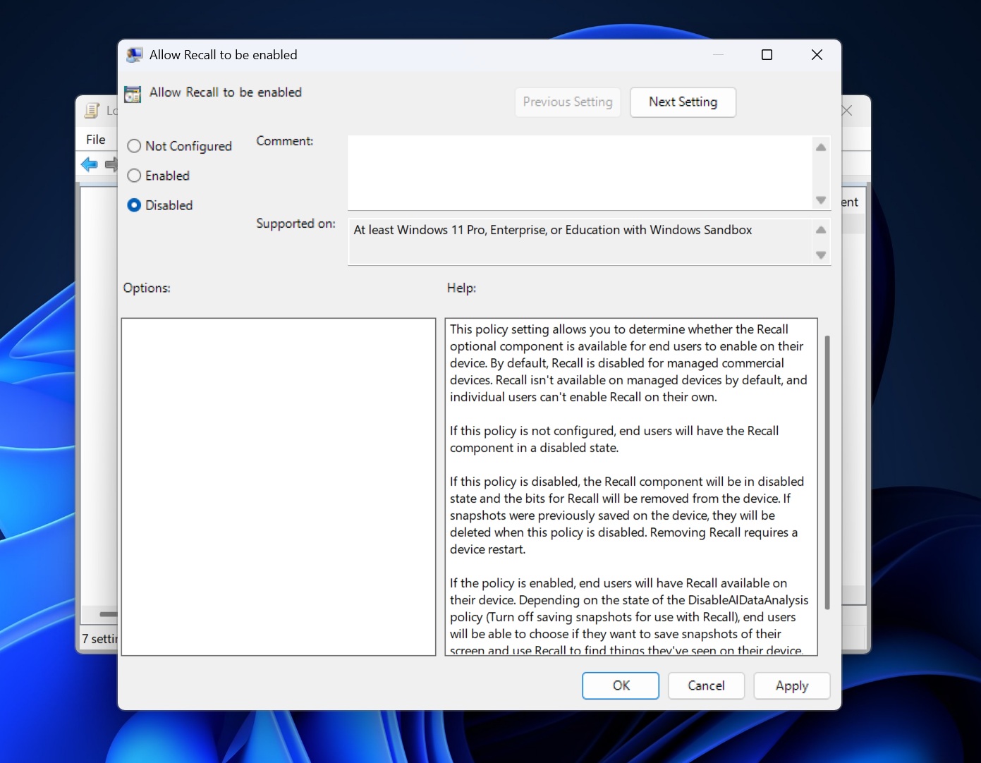 Disable "Allow Recall to be enabled" policy in Windows 11